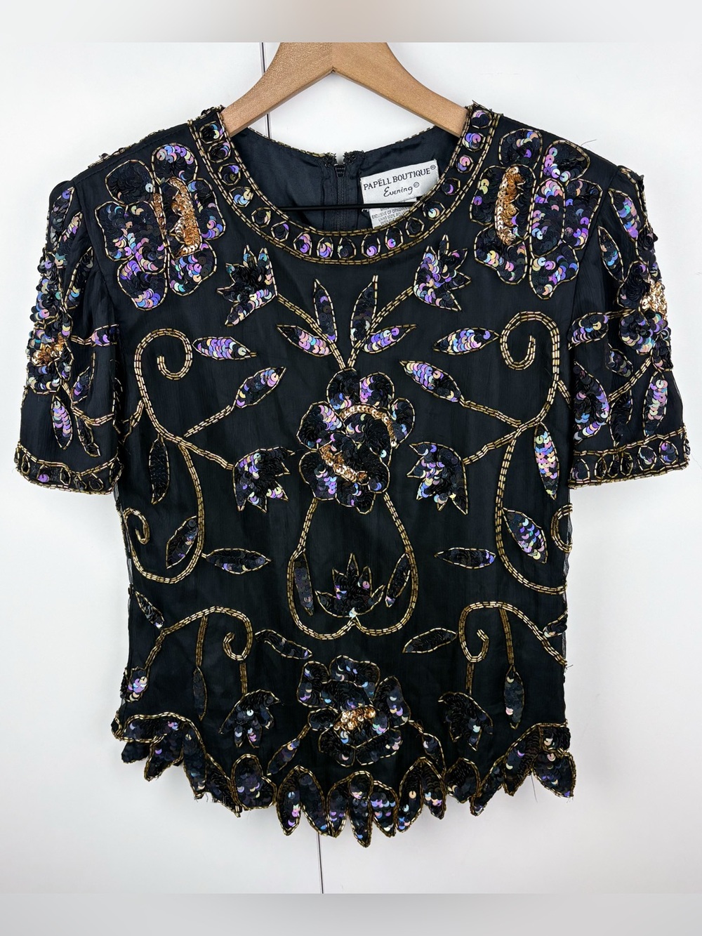 Vintage 100% Silk Beaded Sequin Floral Embellished Blouse Top Black Gold Rainbow